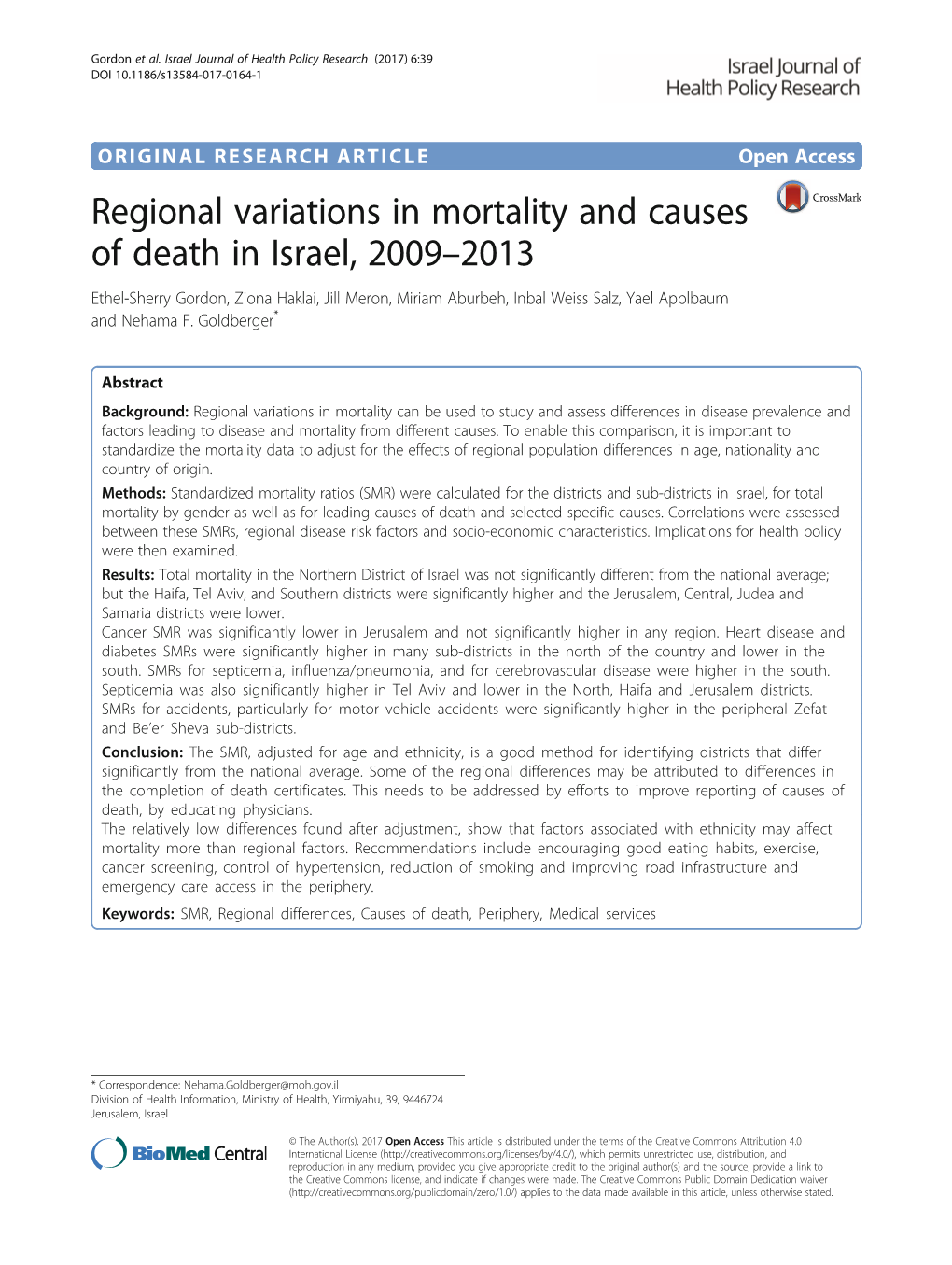 Regional Variations in Mortality and Causes of Death in Israel, 2009–2013
