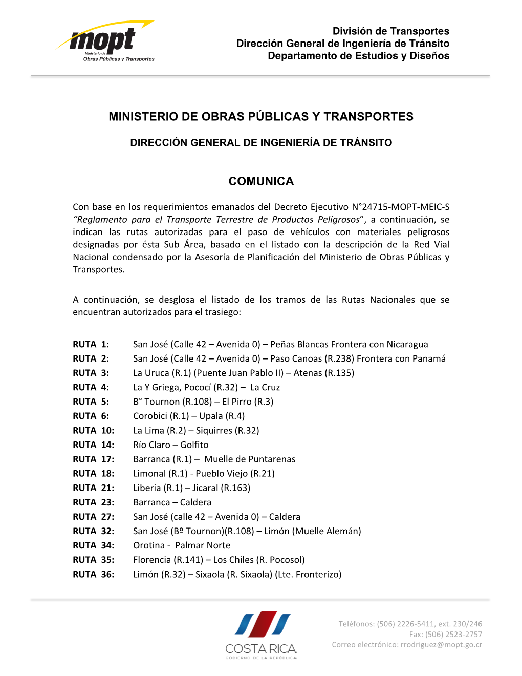 Ministerio De Obras Públicas Y Transportes Comunica