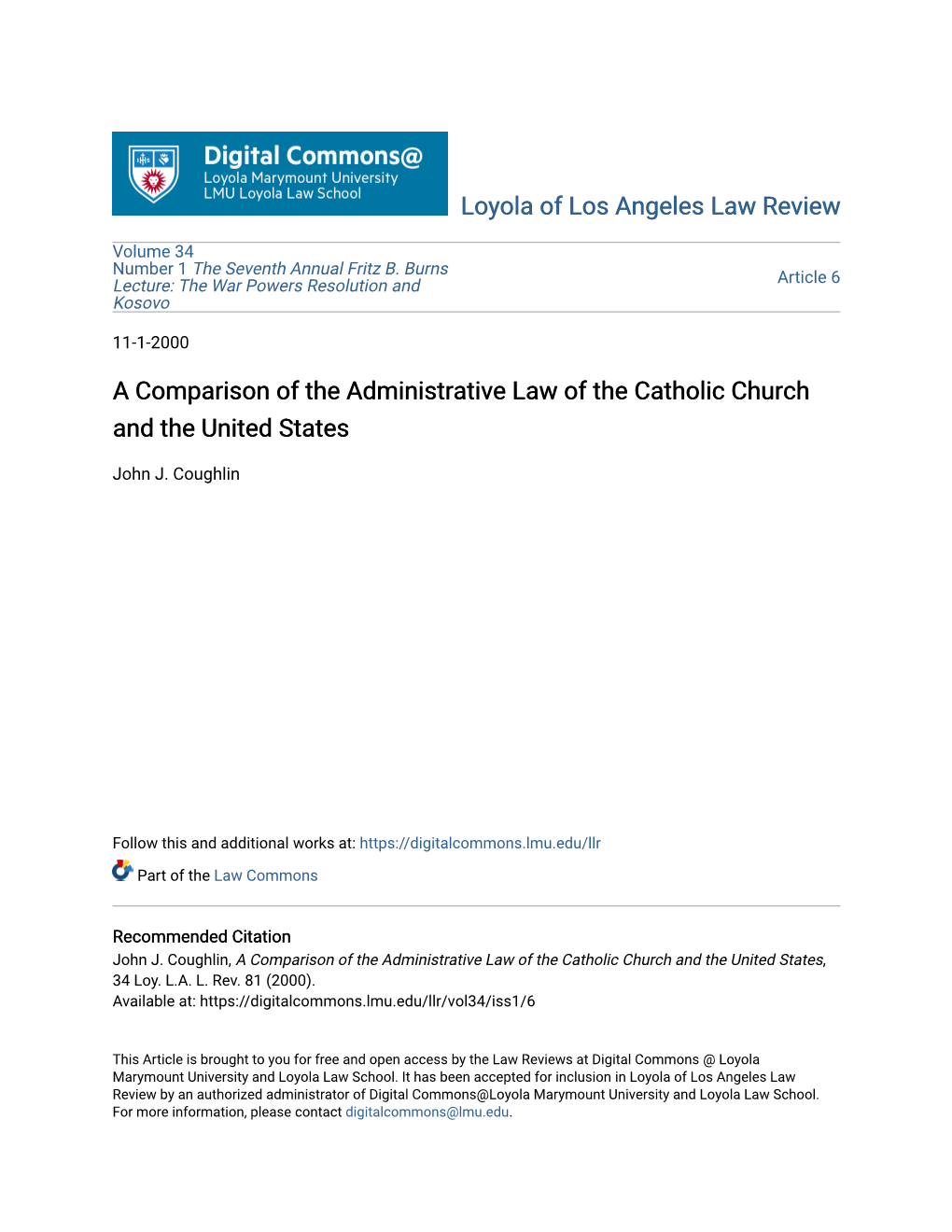 A Comparison of the Administrative Law of the Catholic Church and the United States