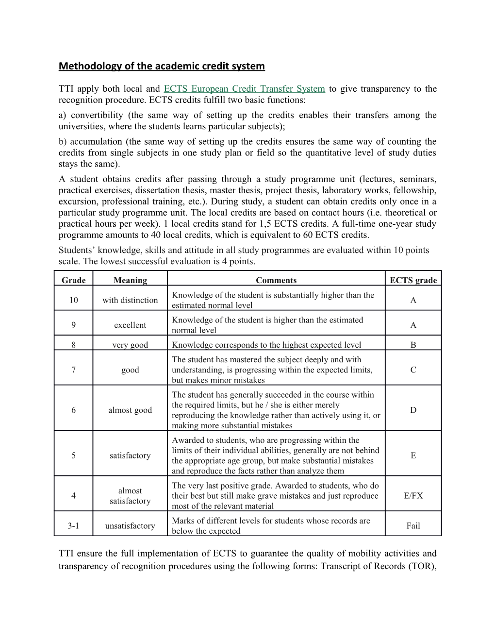 Methodology of the Academic Credit System