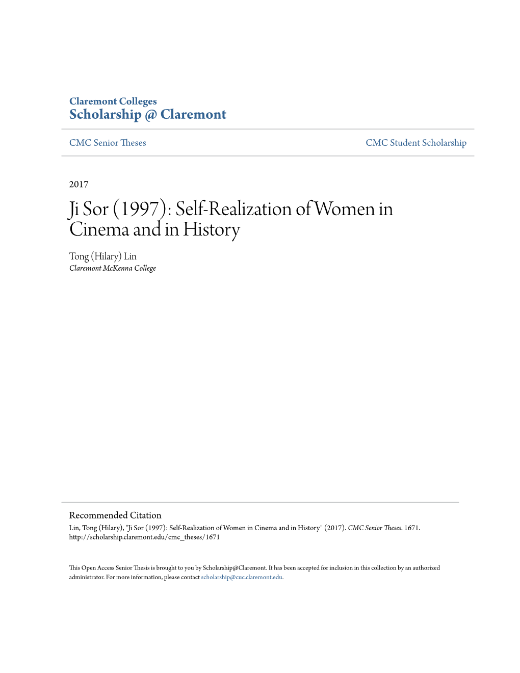 Ji Sor (1997): Self-Realization of Women in Cinema and in History Tong (Hilary) Lin Claremont Mckenna College