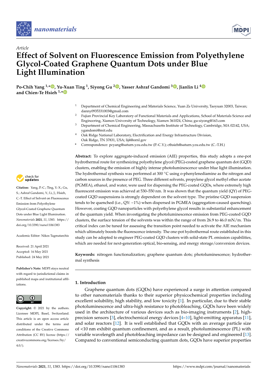 Effect of Solvent on Fluorescence Emission from Polyethylene Glycol-Coated Graphene Quantum Dots Under Blue Light Illumination