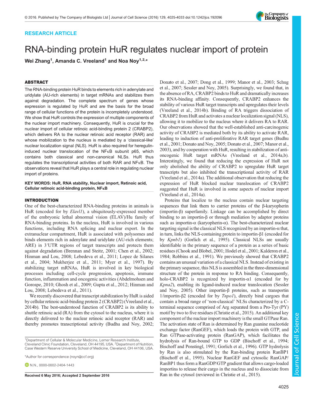 RNA-Binding Protein Hur Regulates Nuclear Import of Protein Wei Zhang1, Amanda C