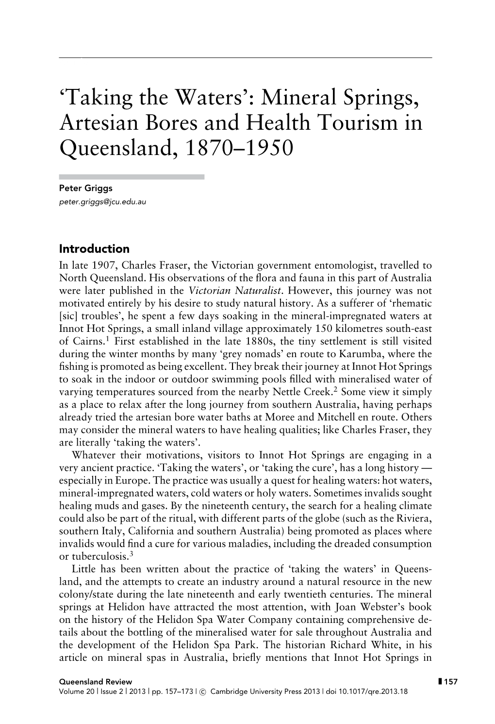 Mineral Springs, Artesian Bores and Health Tourism in Queensland, 1870–1950