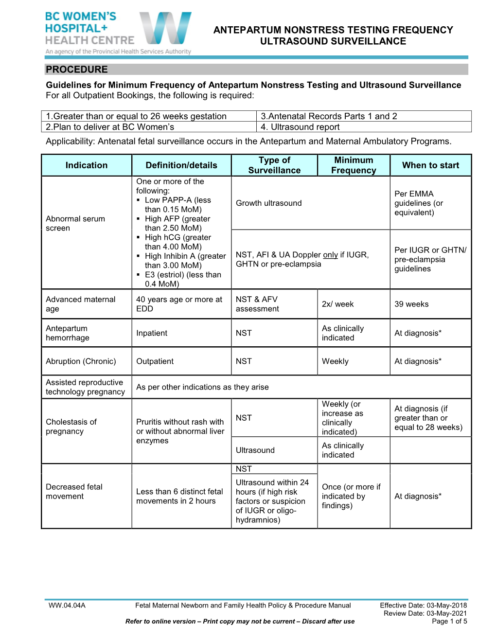 Guidelines for Minimum Frequency of Antepartum Nonstress Testing and Ultrasound Surveillance WW.04.04A