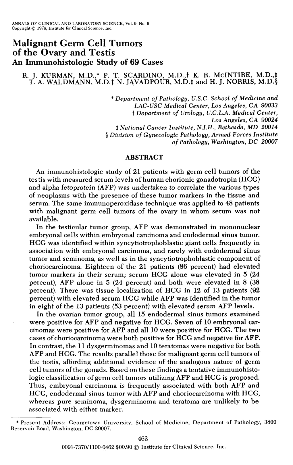 Malignant Germ Cell Tumors of the Ovary and Testis an Immunohistologic Study of 69 Cases R