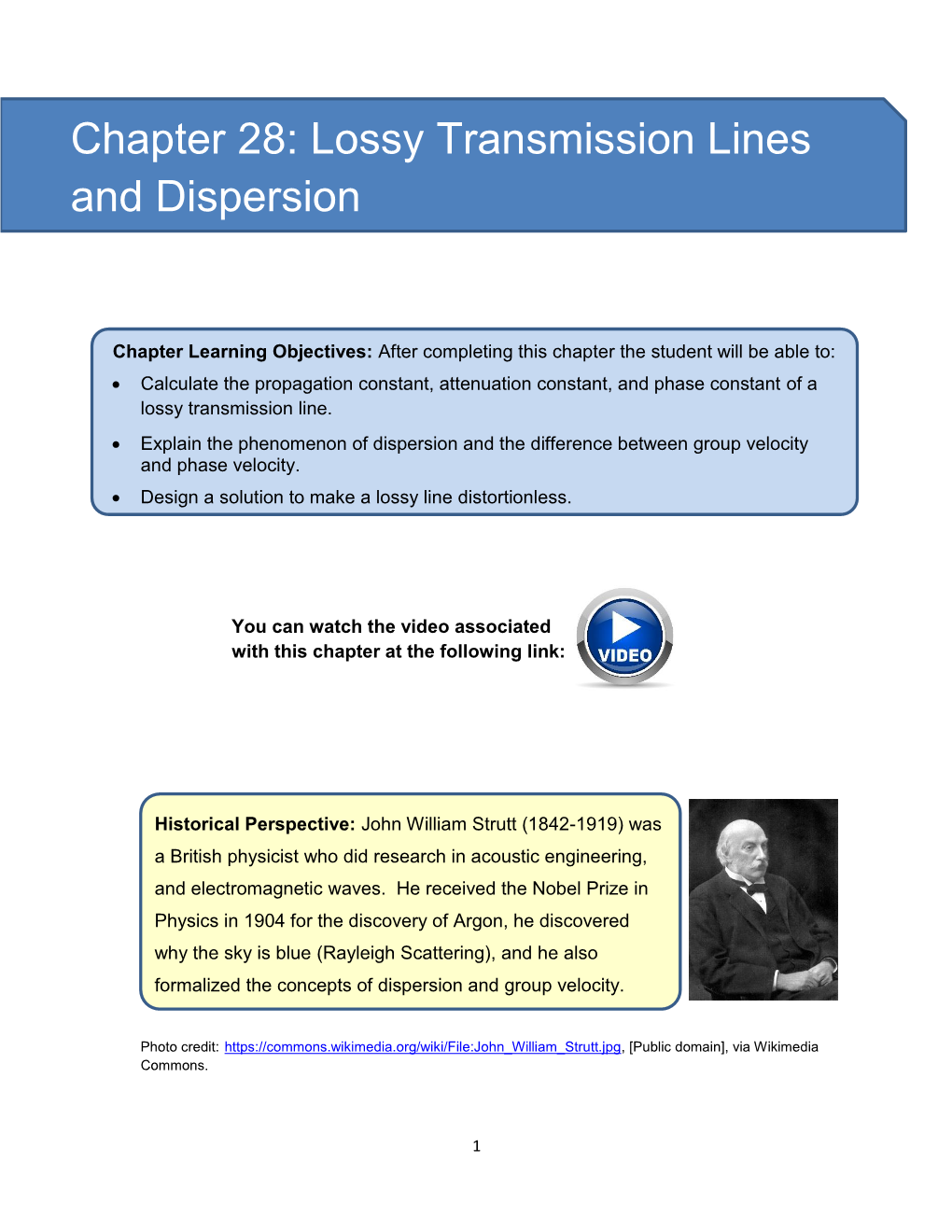 Chapter 28: Lossy Transmission Lines and Dispersion