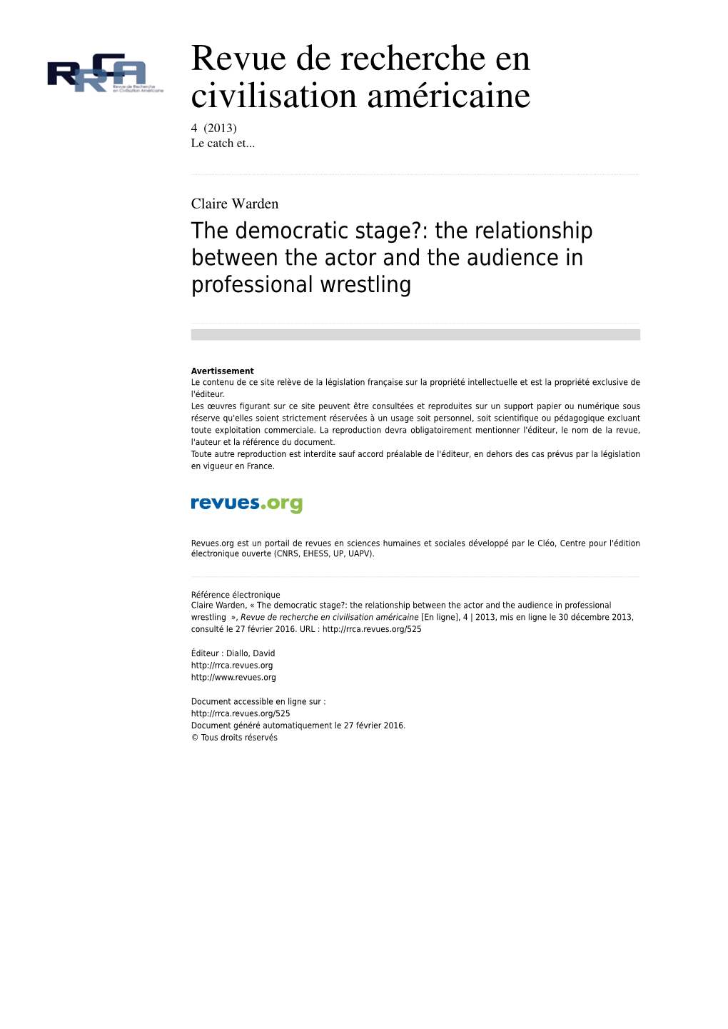 The Relationship Between the Actor and the Audience in Professional Wrestling