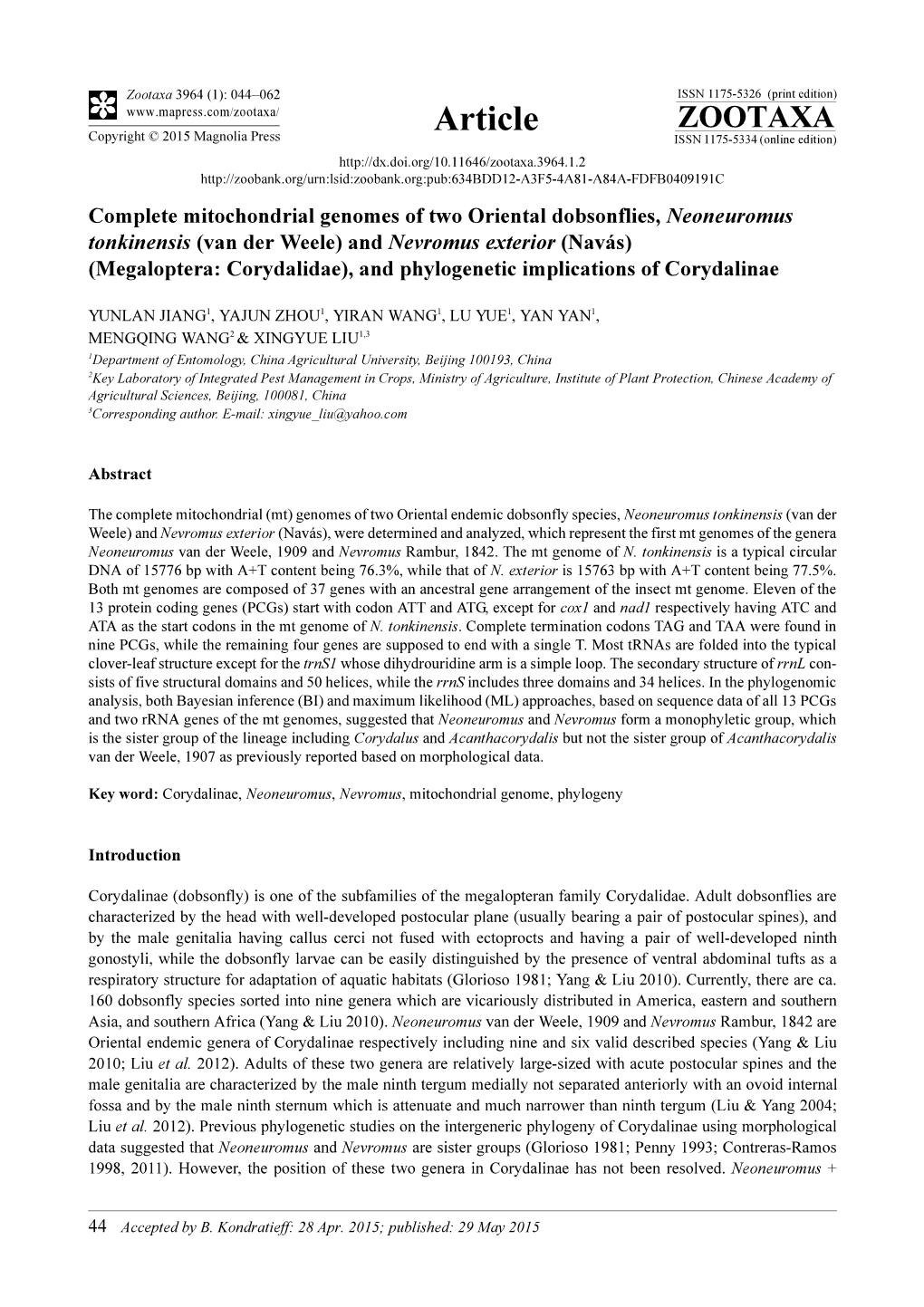 Complete Mitochondrial Genomes of Two Oriental Dobsonflies