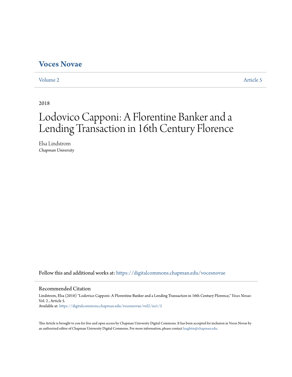 Lodovico Capponi: a Florentine Banker and a Lending Transaction in 16Th Century Florence Elsa Lindstrom Chapman University