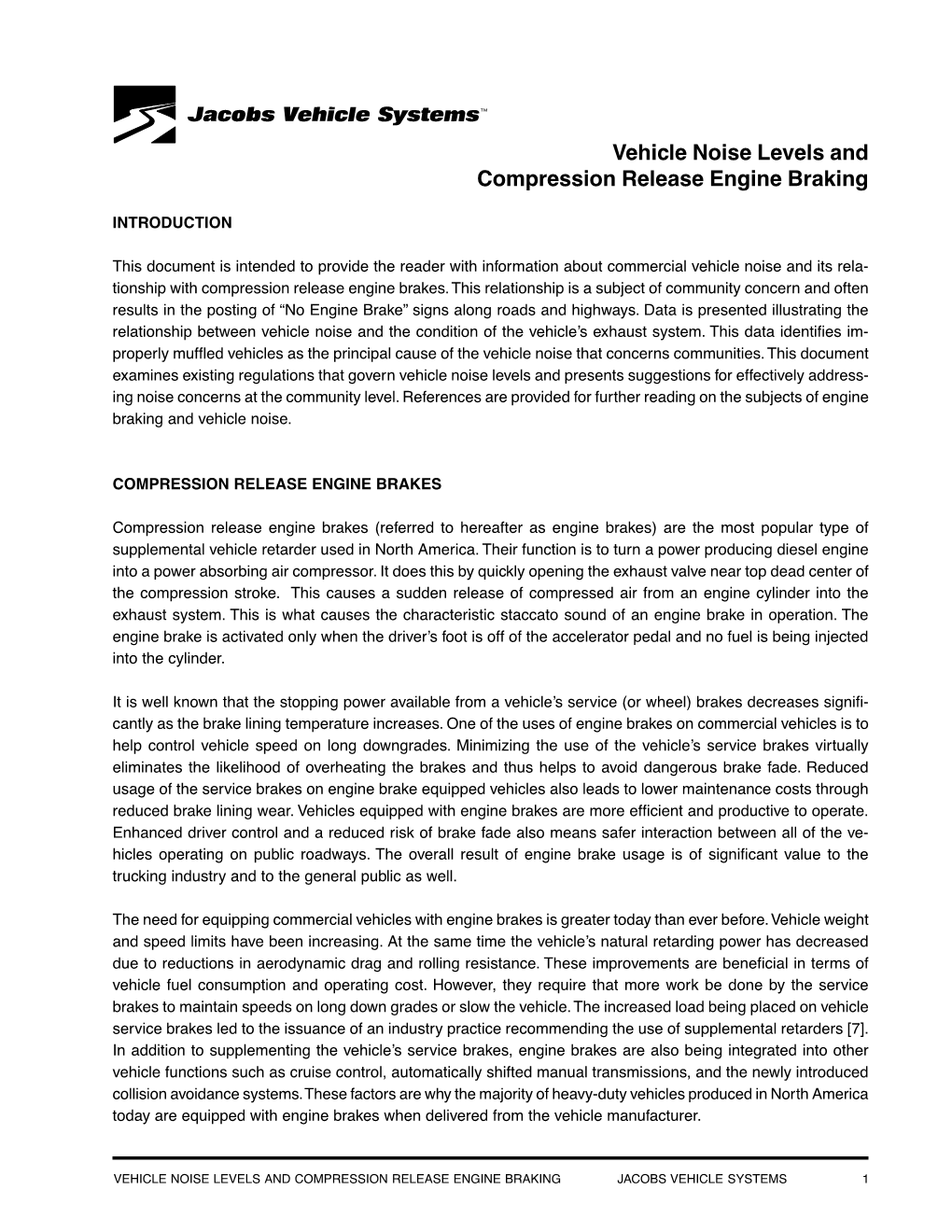Vehicle Noise Levels and Compression Release Engine Braking