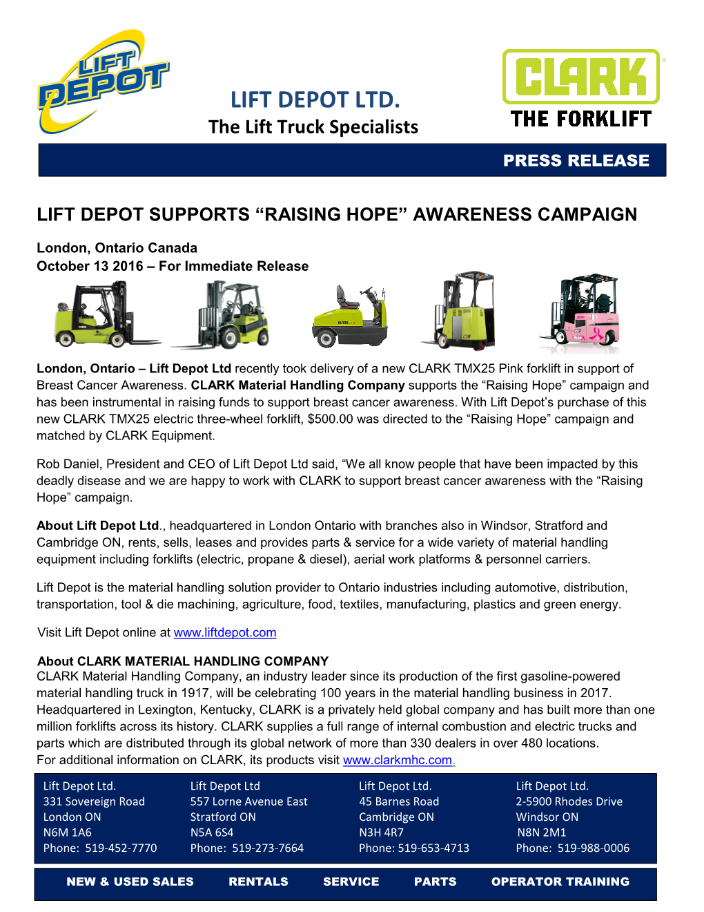 Lift Depot & CLARK Equipment Support Raising Hope Campaign