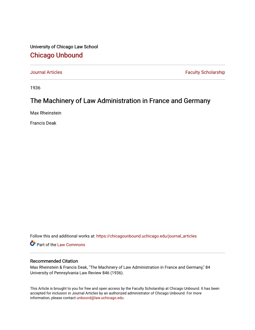 The Machinery of Law Administration in France and Germany