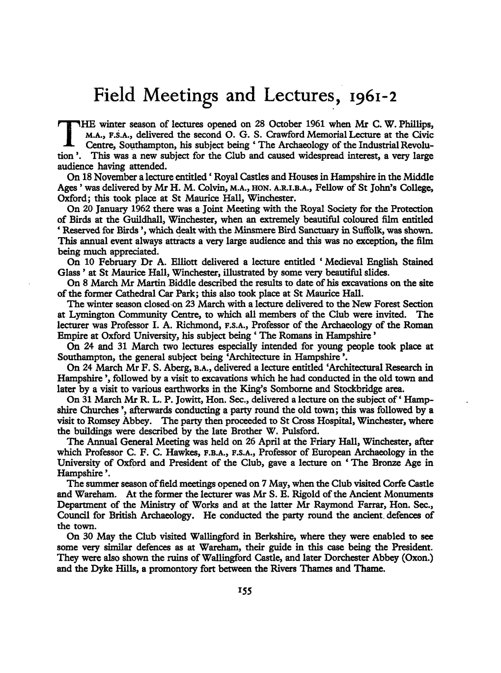 Field Meetings and Lectures, 1961-2