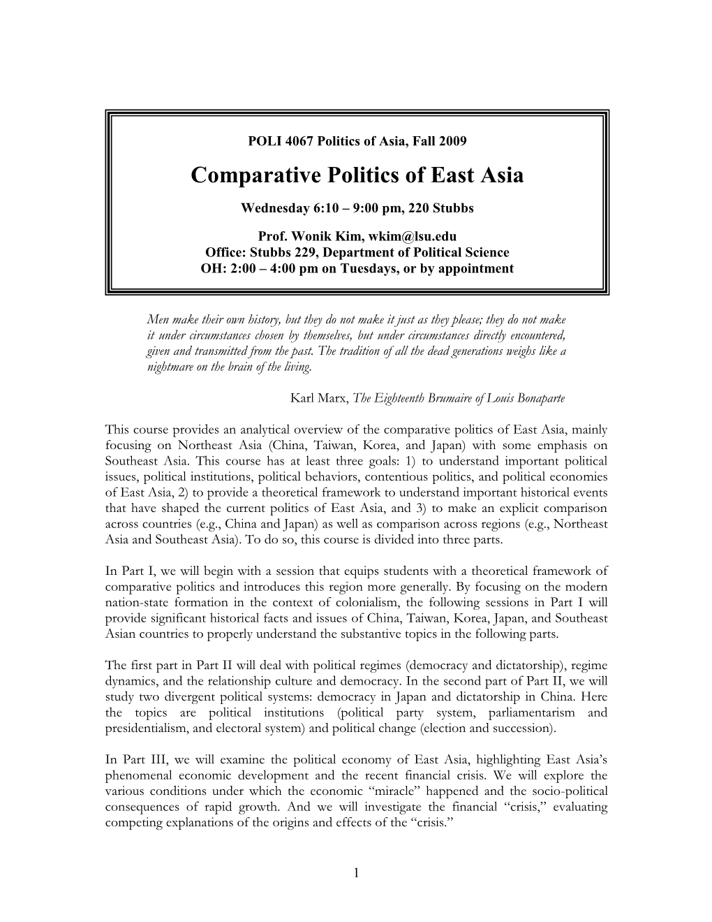 POLI 4067: Comparative Politics of East Asia, Fall 2007