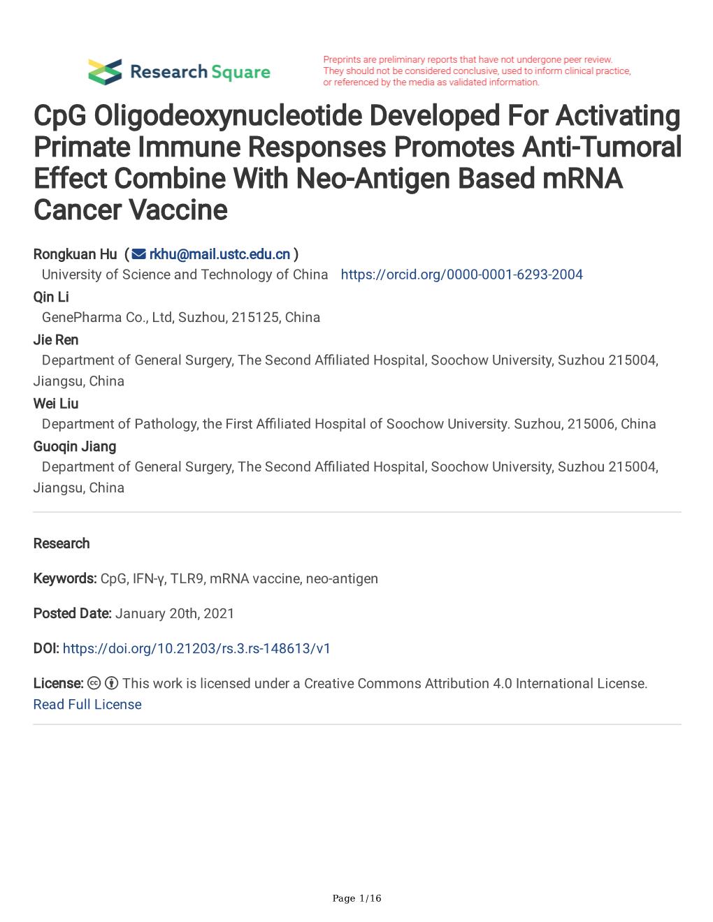 Cpg Oligodeoxynucleotide Developed for Activating Primate Immune Responses Promotes Anti-Tumoral Effect Combine with Neo-Antigen Based Mrna Cancer Vaccine