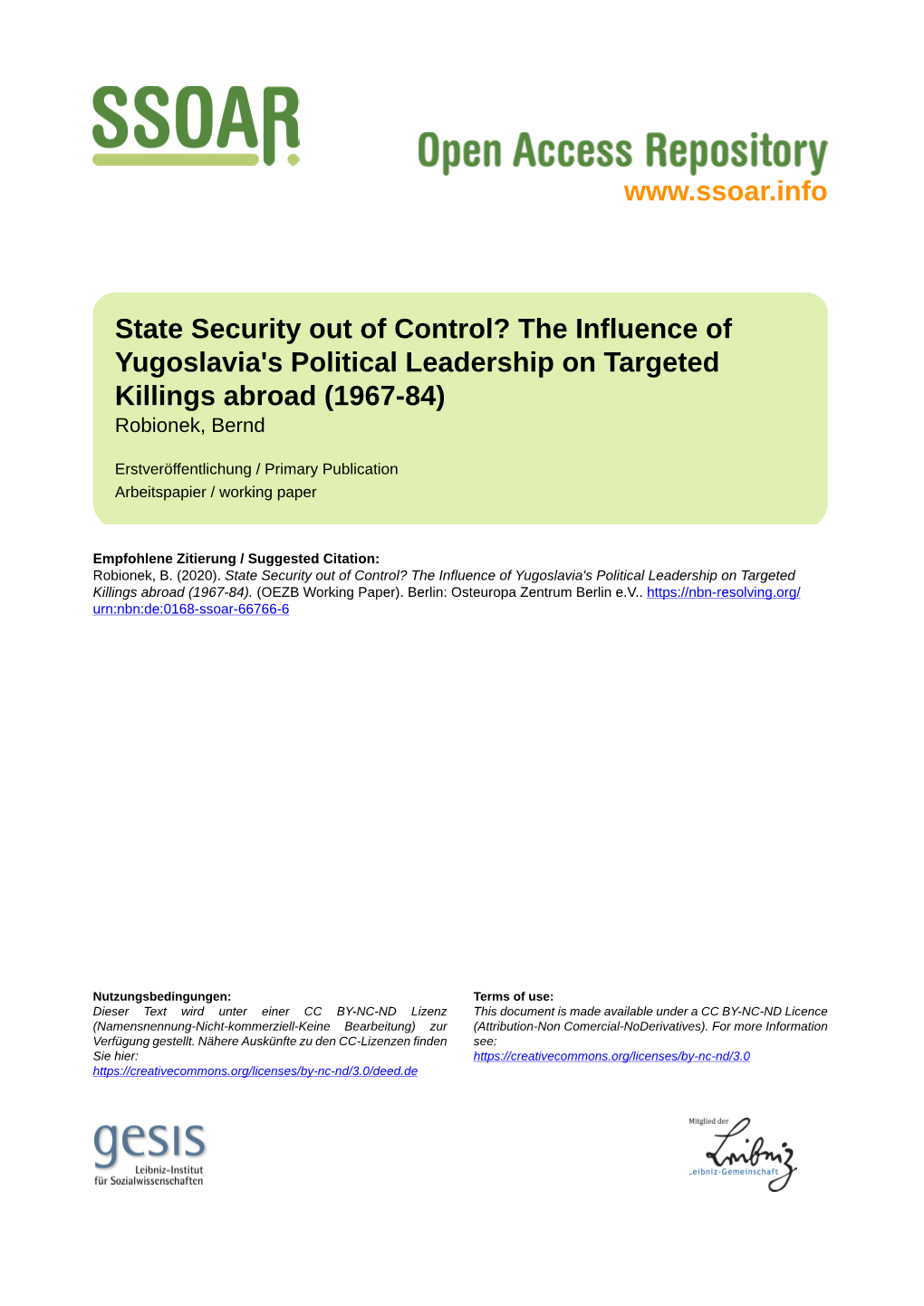 State Security out of Control? the Influence of Yugoslavia's Political Leadership on Targeted Killings Abroad (1967-84) Robionek, Bernd