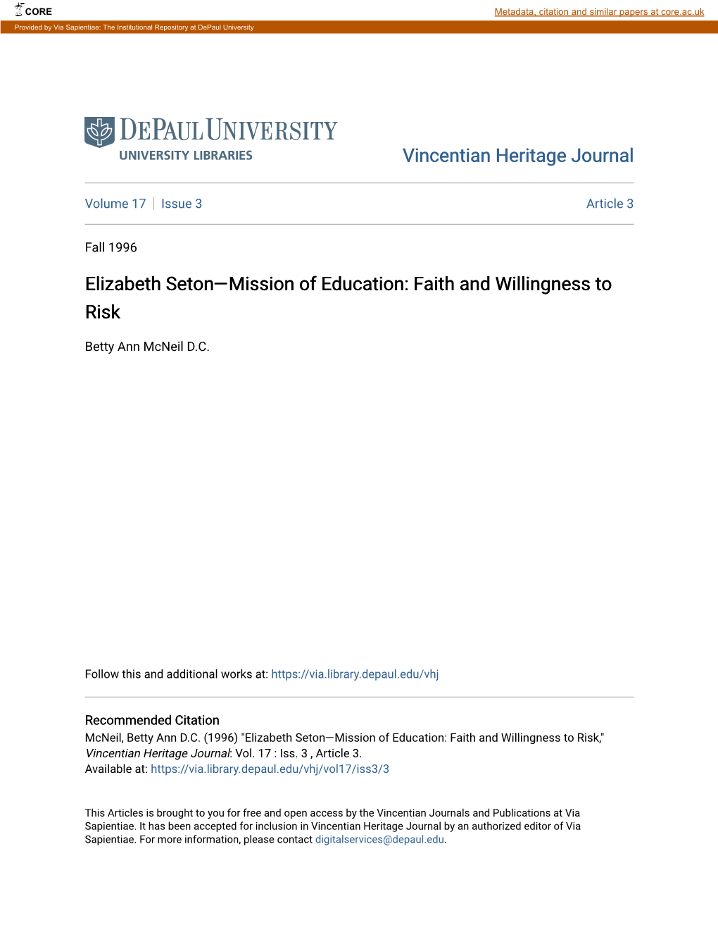 Elizabeth Seton—Mission of Education: Faith and Willingness to Risk