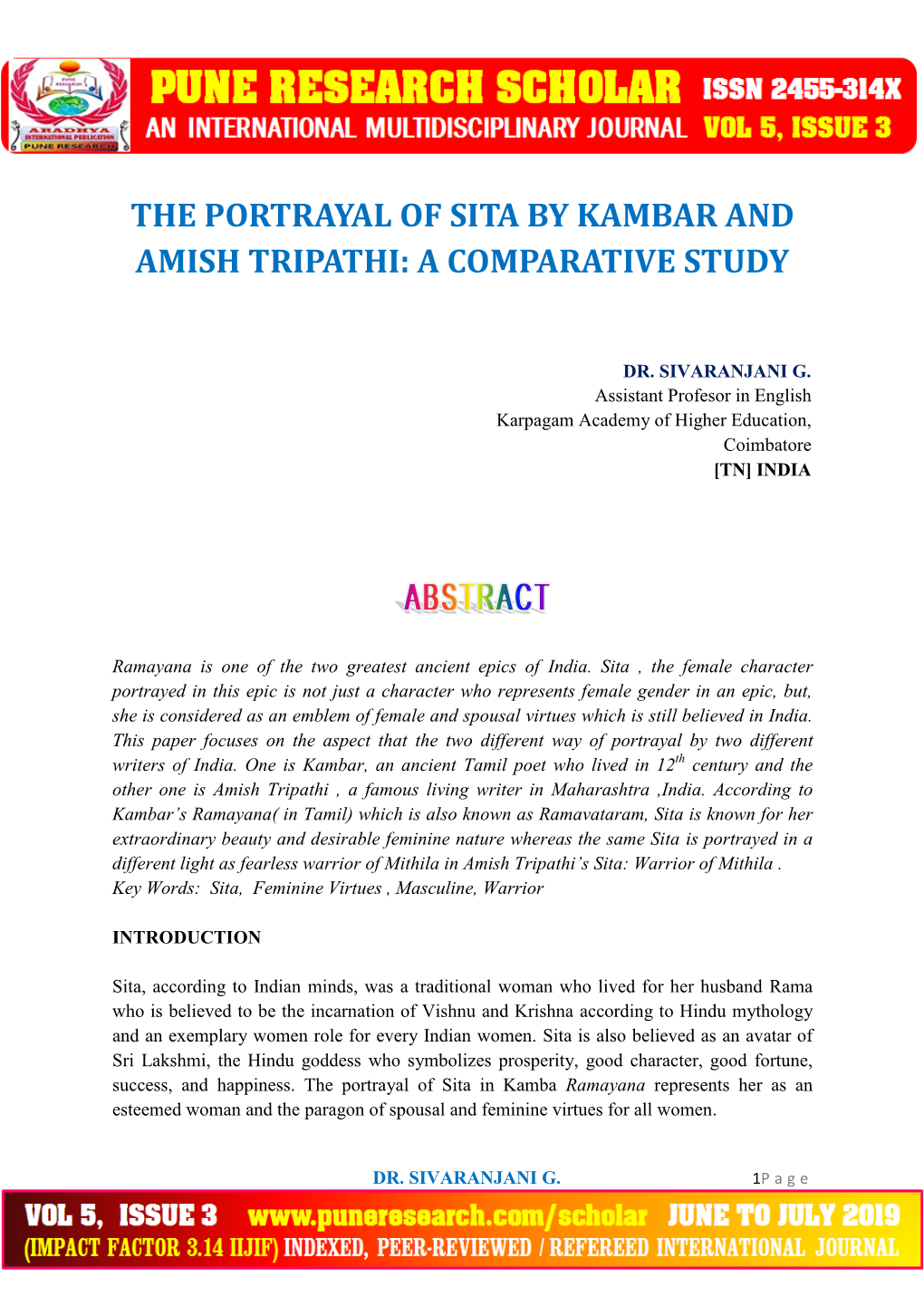 The Portrayal of Sita by Kambar and Amish Tripathi: a Comparative Study