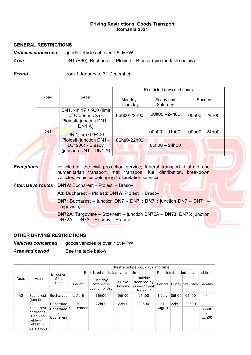 Driving Restrictions, Goods Transport Romania 2021