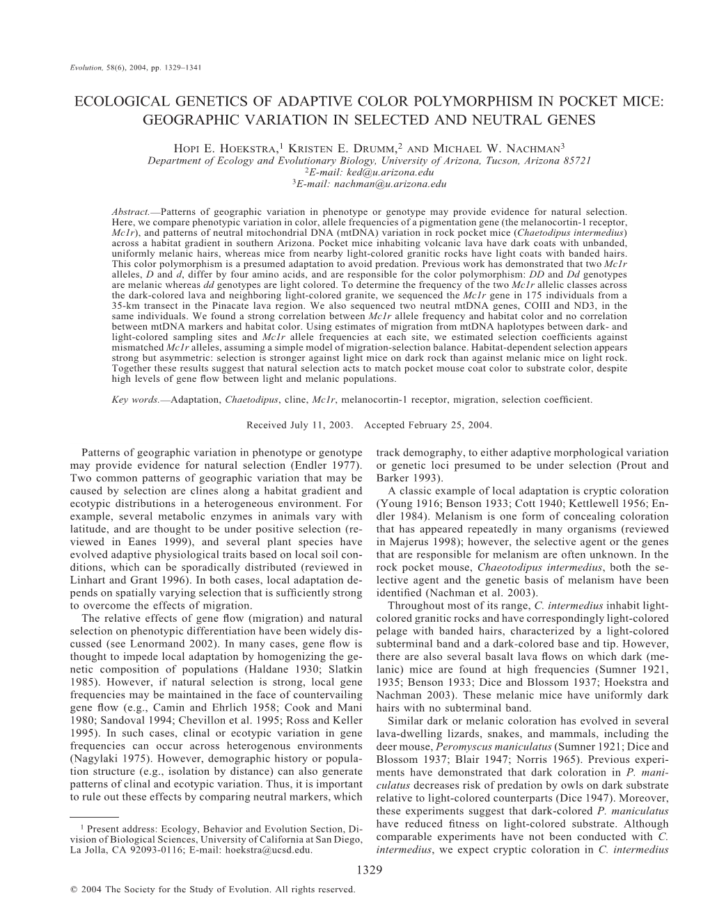 Ecological Genetics of Adaptive Color Polymorphism in Pocket Mice: Geographic Variation in Selected and Neutral Genes