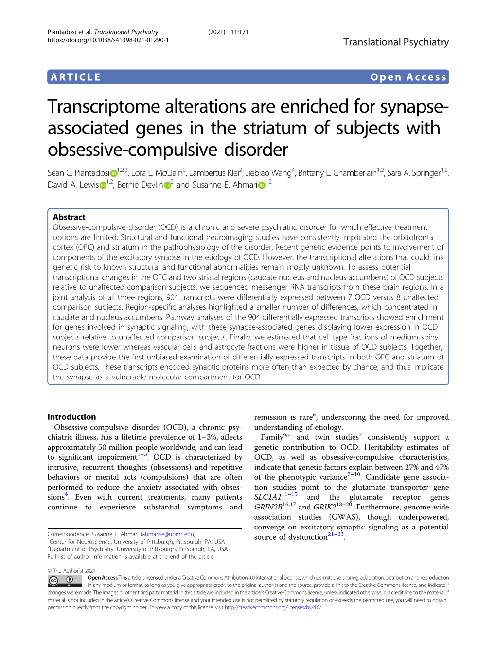 Transcriptome Alterations Are Enriched for Synapse-Associated