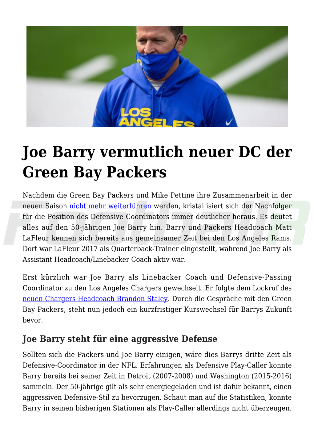 Joe Barry Vermutlich Neuer DC Der Green Bay Packers