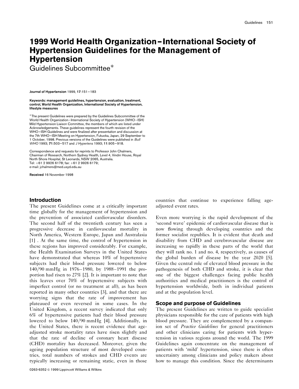 1999 World Health Organization-International Society of Hypertension Guidelines for the Management of Hypertension