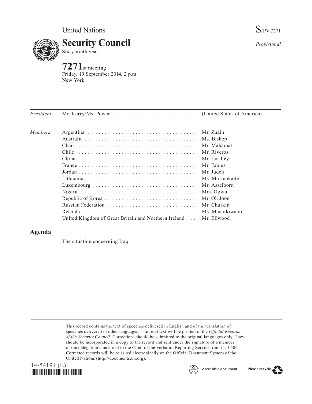 Security Council Provisional Asdf Sixty-Ninth Year 7271St Meeting Friday, 19 September 2014, 2 P.M