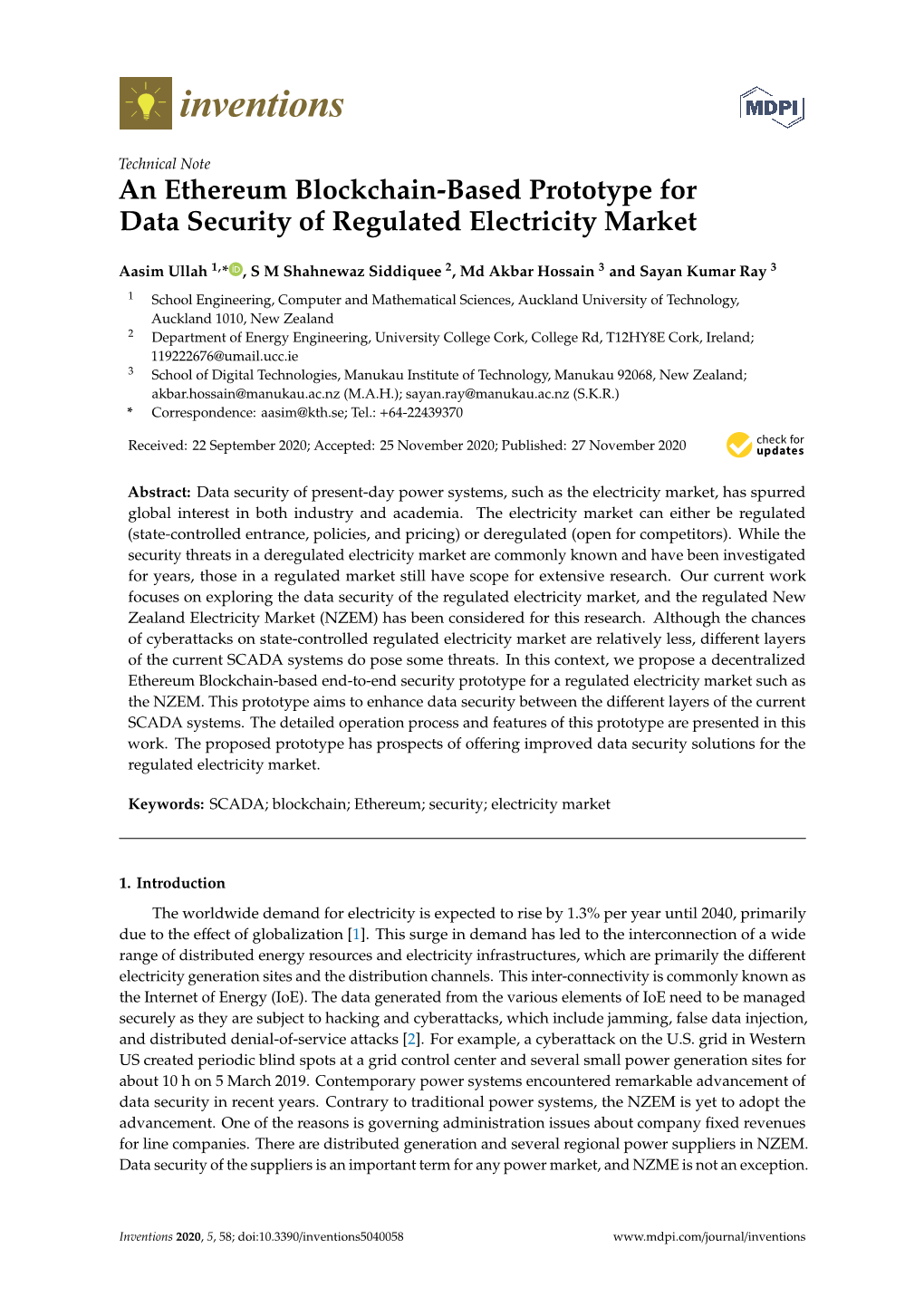 An Ethereum Blockchain-Based Prototype for Data Security of Regulated Electricity Market