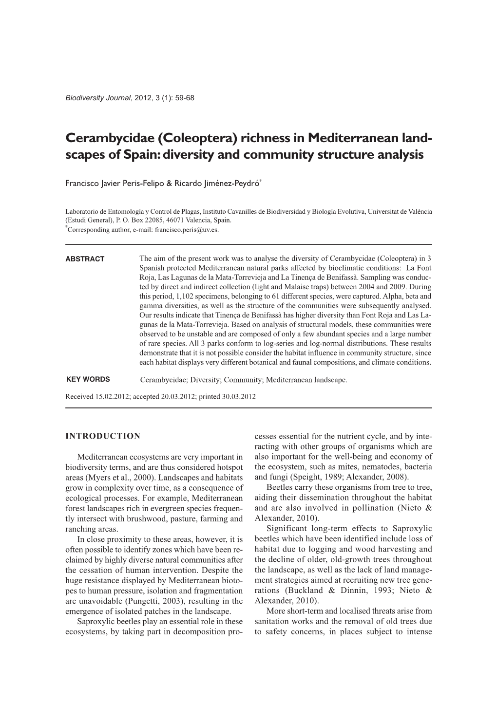 Coleoptera) Richness in Mediterranean Land- Scapes of Spain: Diversity and Community Structure Analysis