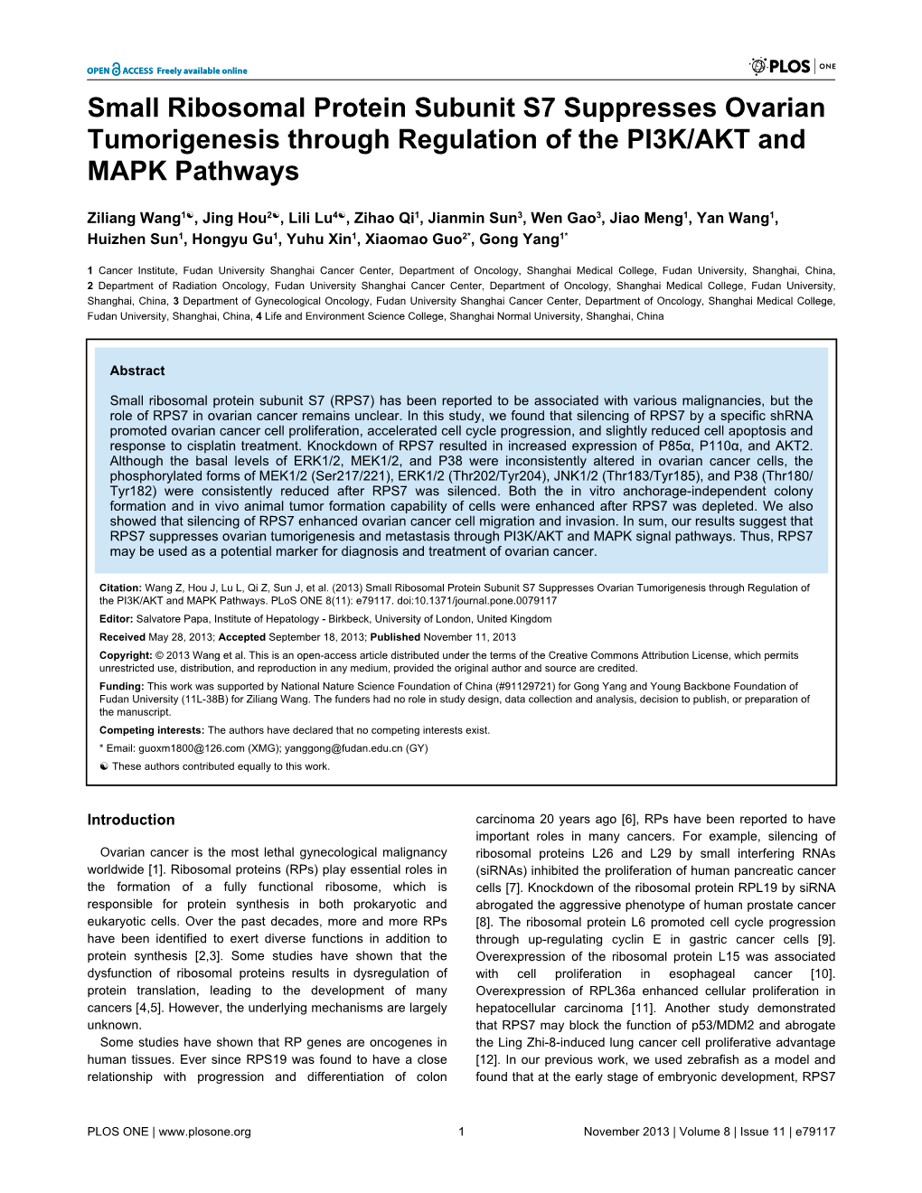 Small Ribosomal Protein Subunit S7 Suppresses Ovarian Tumorigenesis Through Regulation of the PI3K/AKT and MAPK Pathways