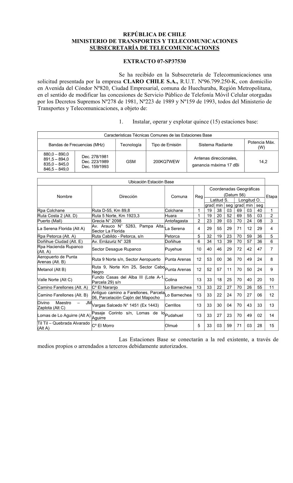 REPÚBLICA DE CHILE MINISTERIO DE TRANSPORTES Y TELECOMUNICACIONES SUBSECRETARÍA DE TELECOMUNICACIONES EXTRACTO 07-SP37530 Se H