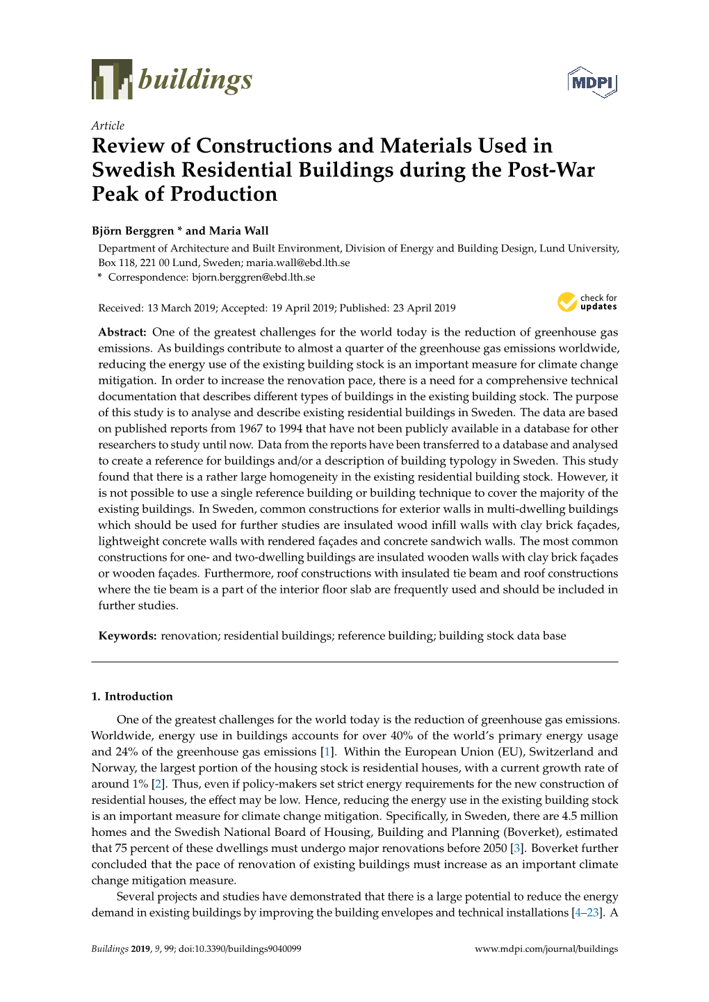 Review of Constructions and Materials Used in Swedish Residential Buildings During the Post-War Peak of Production