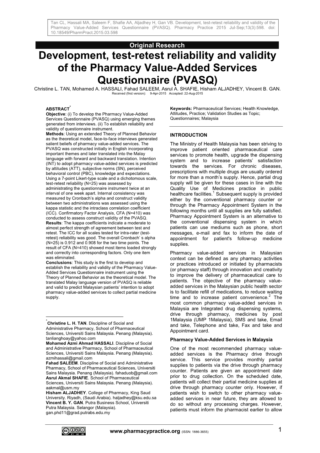 Development, Test-Retest Reliability and Validity of the Pharmacy Value-Added Services Questionnaire (PVASQ)