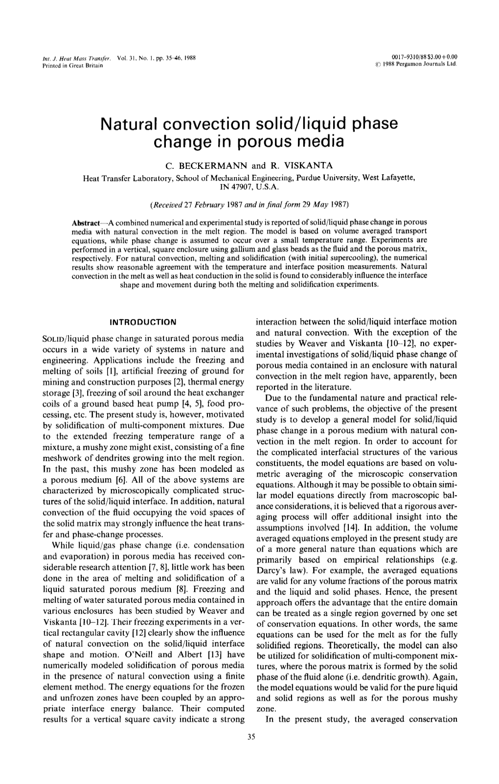 Natural Convection Solid/Liquid Phase Change in Porous Media