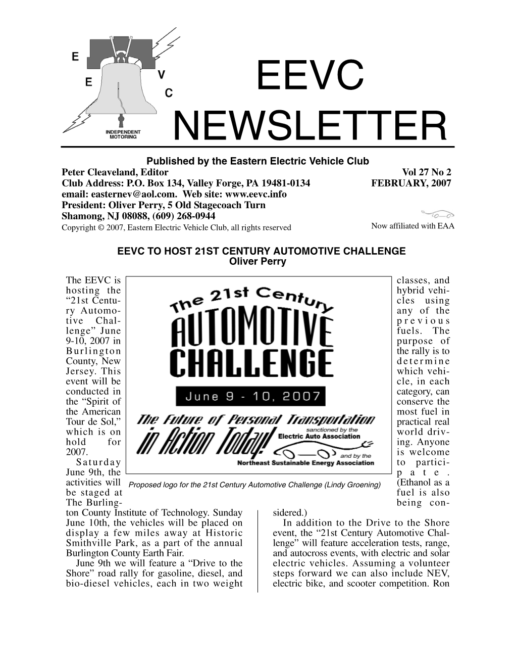 EEVC NEWSLETTER Published by the Eastern Electric Vehicle Club Peter Cleaveland, Editor Vol 27 No 2 Club Address: P.O