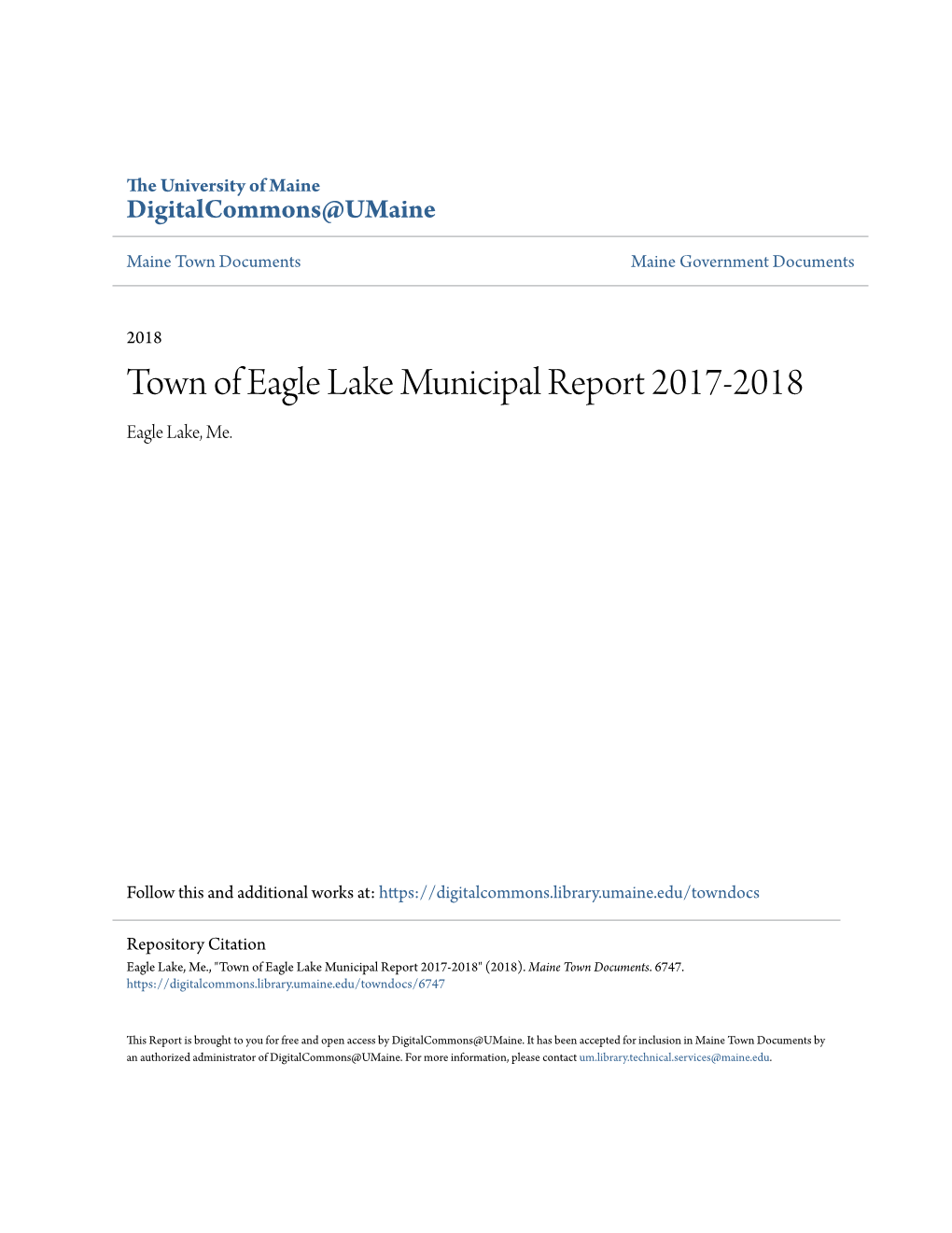 Town of Eagle Lake Municipal Report 2017-2018 Eagle Lake, Me