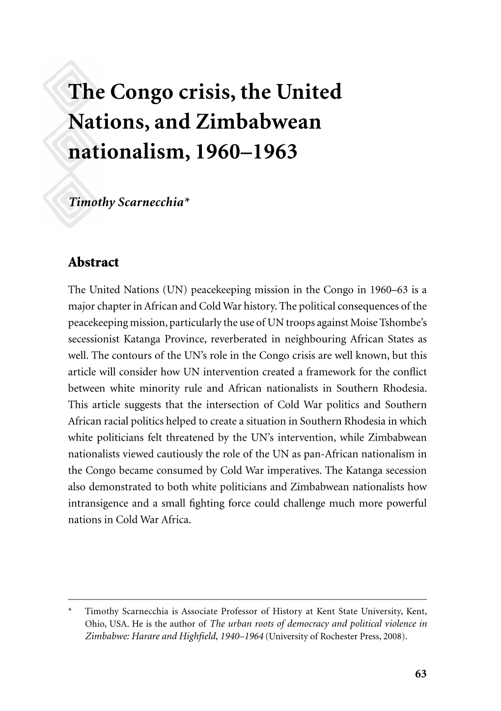 The Congo Crisis, the United Nations, and Zimbabwean Nationalism, 1960–1963