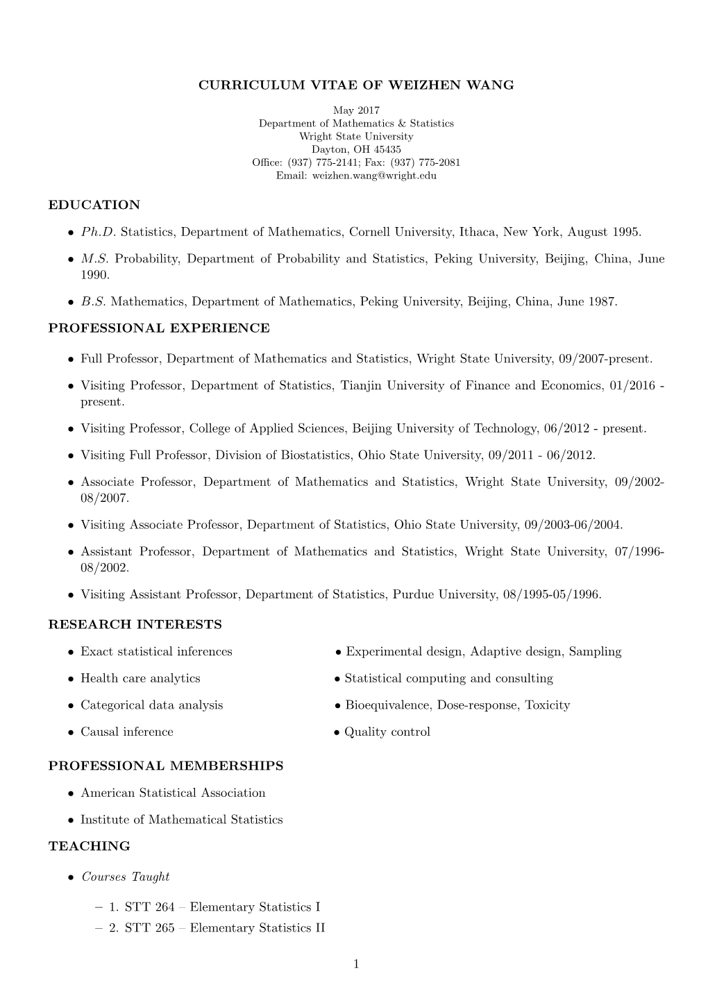 CURRICULUM VITAE of WEIZHEN WANG EDUCATION • P H.D