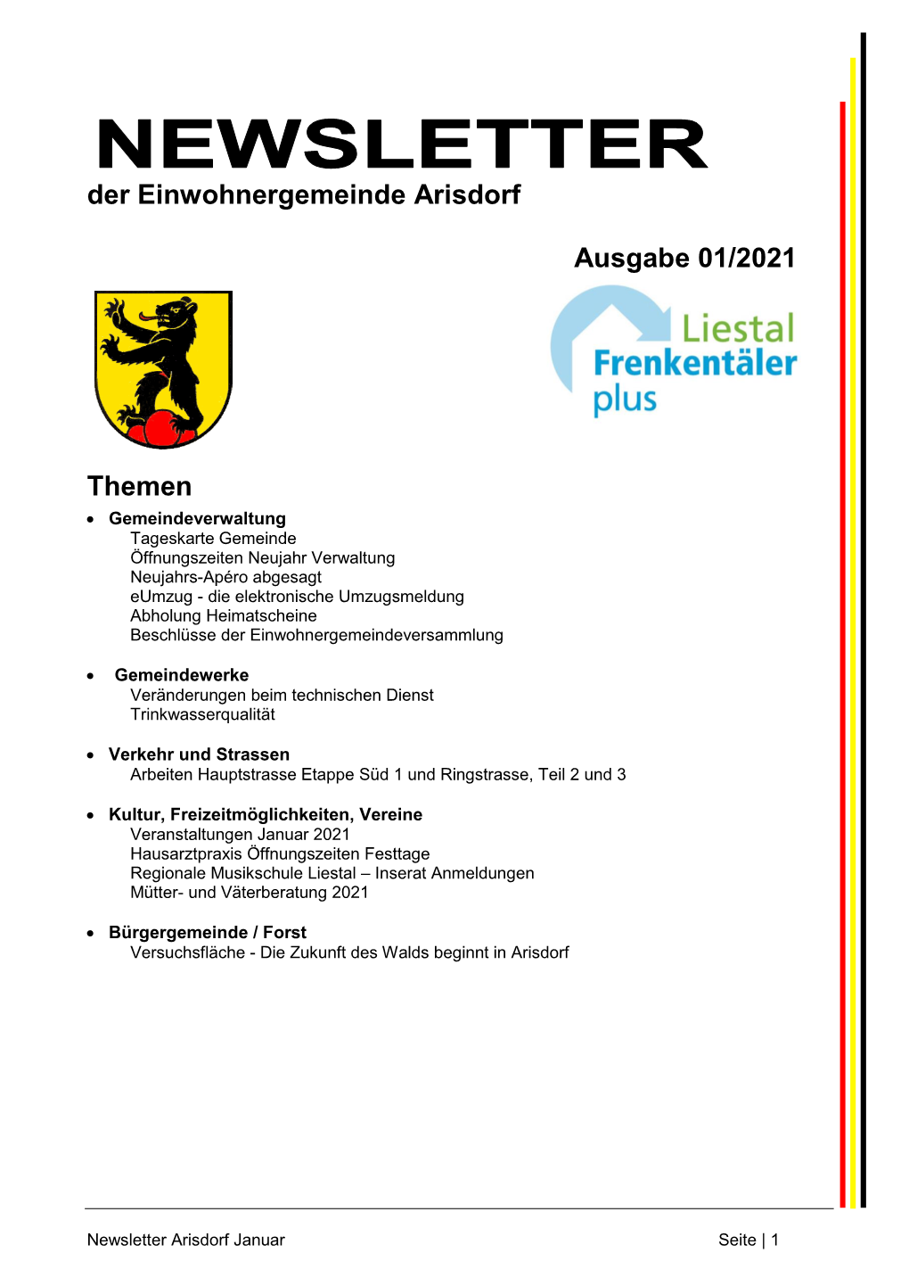 Der Einwohnergemeinde Arisdorf Ausgabe 01/2021 Themen