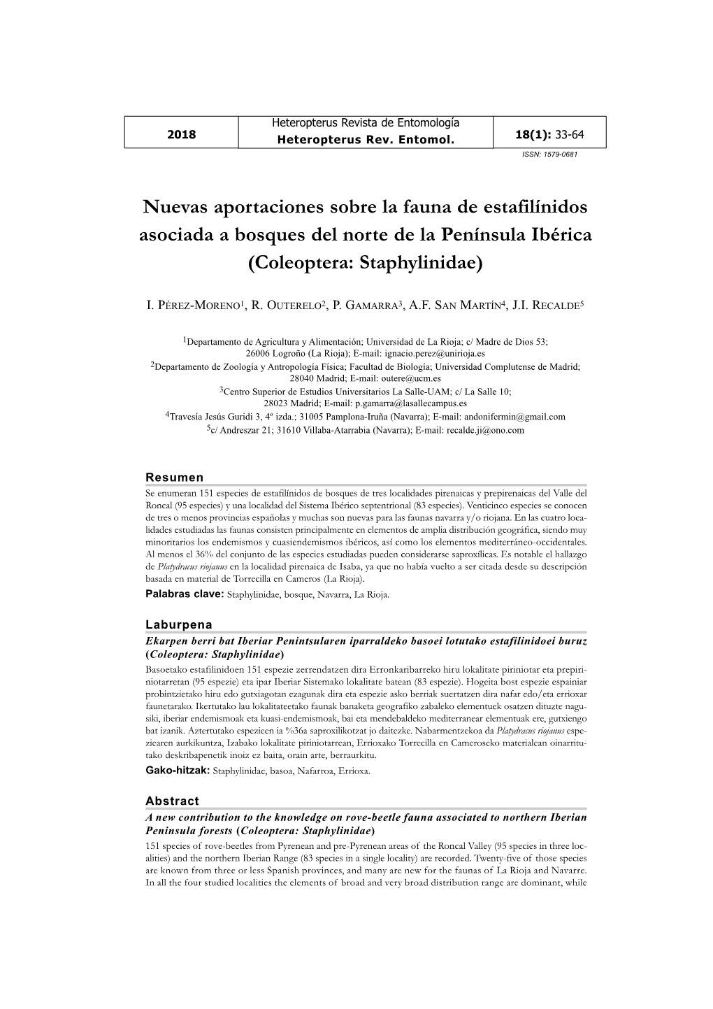 Nuevas Aportaciones Sobre La Fauna De Estafilínidos Asociada a Bosques Del Norte De La Península Ibérica (Coleoptera: Staphylinidae)