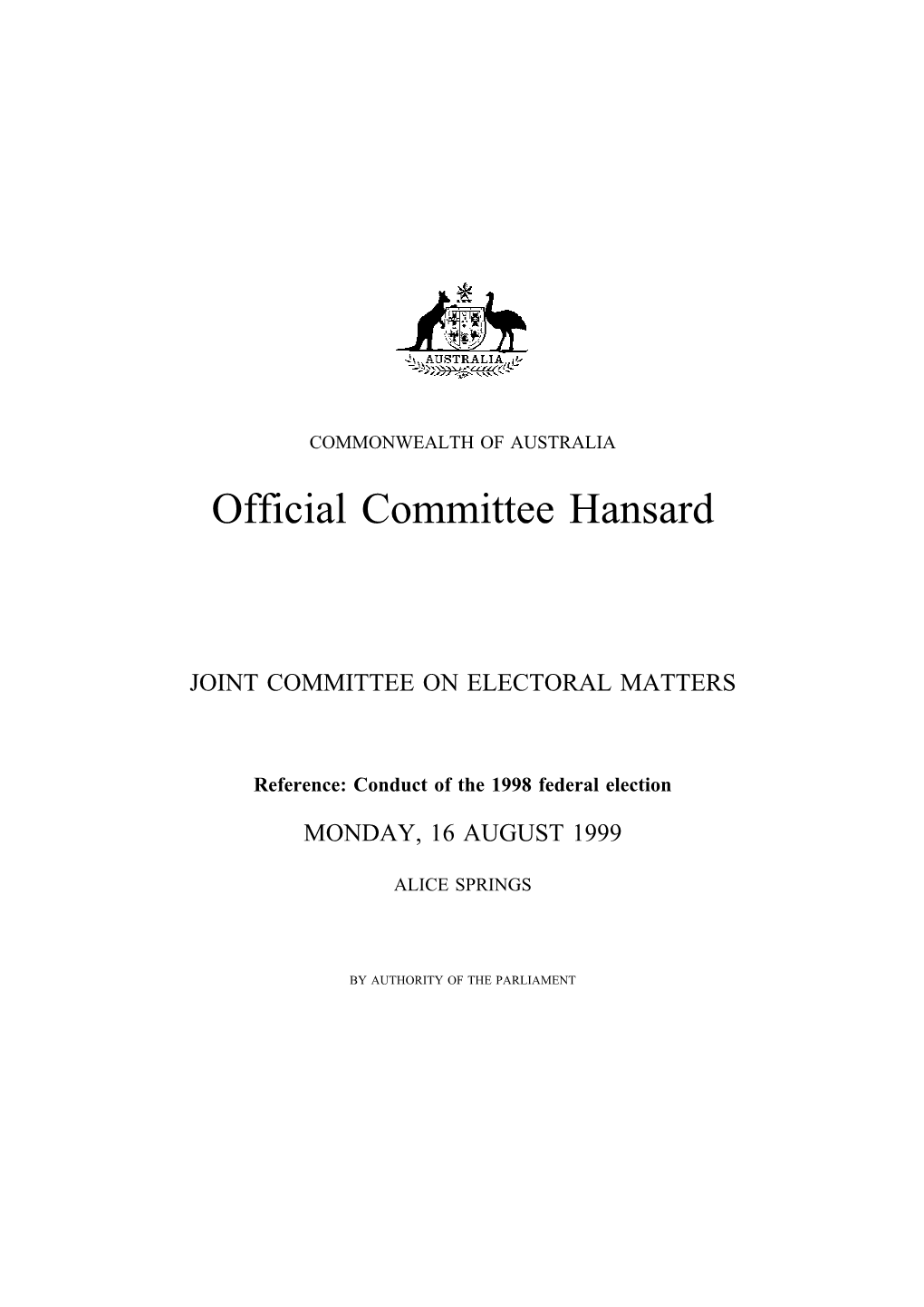 COMMONWEALTH of AUSTRALIA Official Committee Hansard