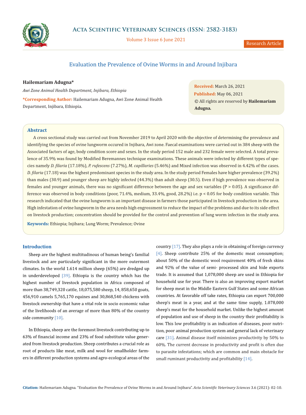 Evaluation the Prevalence of Ovine Worms in and Around Injibara
