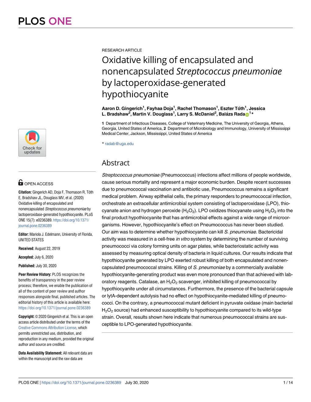 Oxidative Killing of Encapsulated and Nonencapsulated Streptococcus Pneumoniae by Lactoperoxidase-Generated Hypothiocyanite