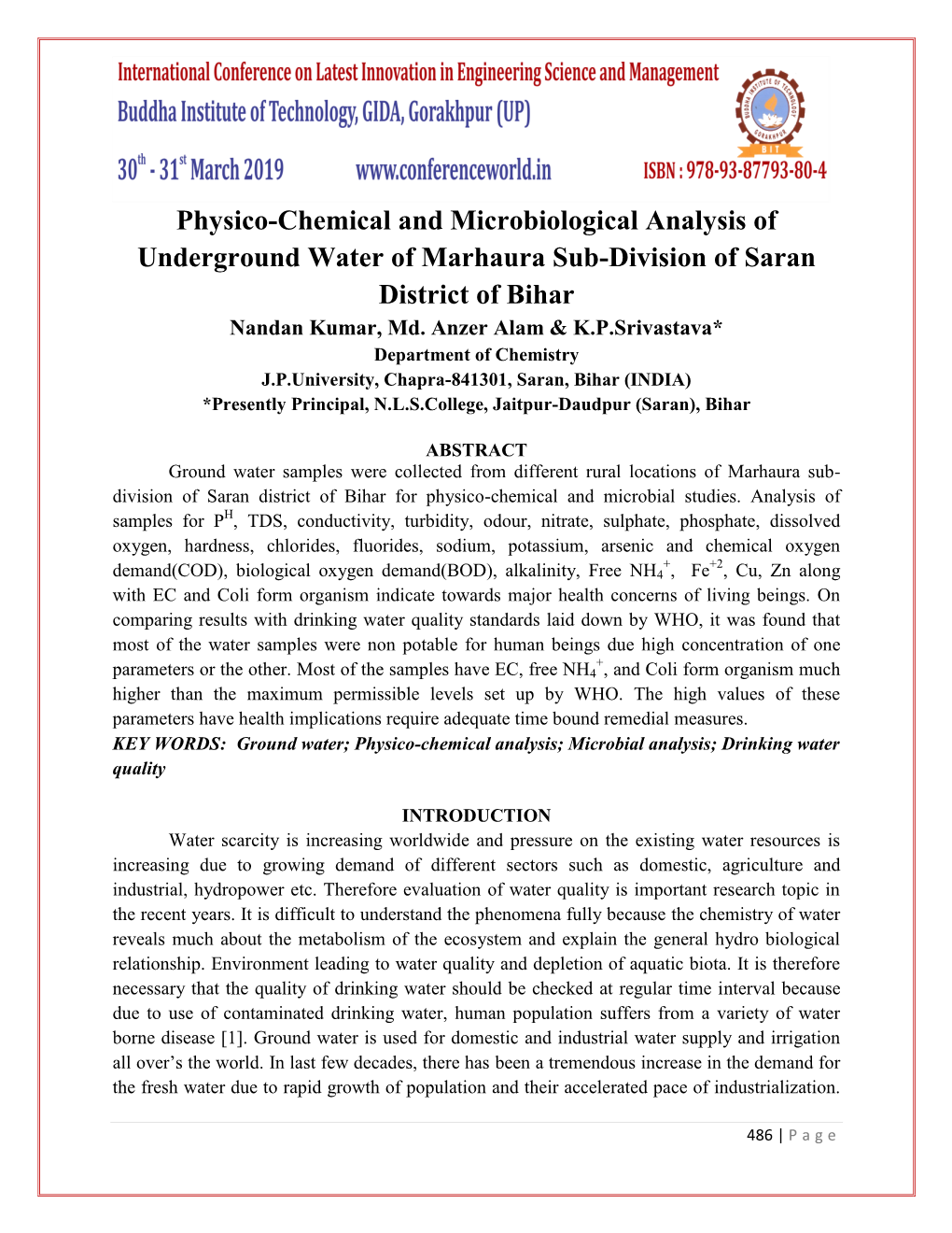 Physico-Chemical and Microbiological Analysis of Underground Water of Marhaura Sub-Division of Saran District of Bihar Nandan Kumar, Md