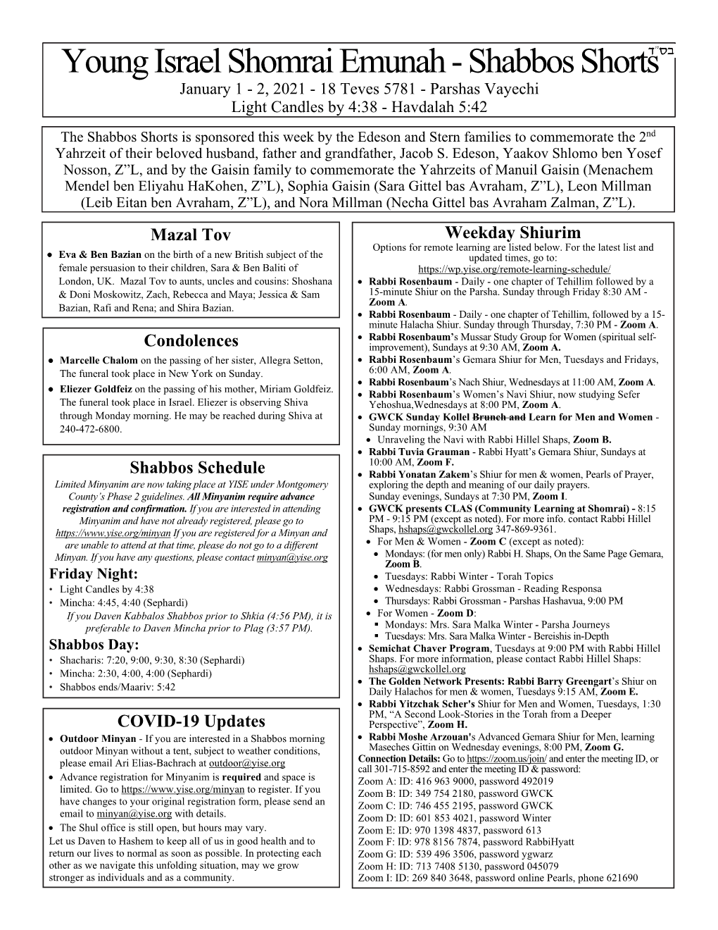 Young Israel Shomrai Emunah - Shabbos Shorts January 1 - 2, 2021 - 18 Teves 5781 - Parshas Vayechi Light Candles by 4:38 - Havdalah 5:42