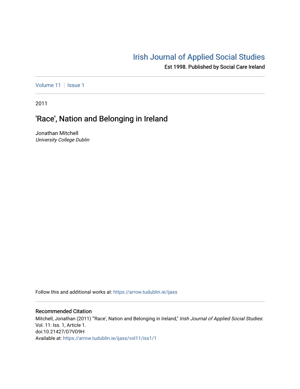 'Race', Nation and Belonging in Ireland