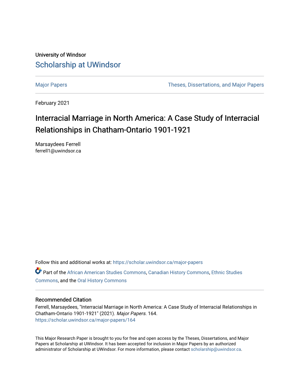 Interracial Marriage in North America: a Case Study of Interracial Relationships in Chatham-Ontario 1901-1921