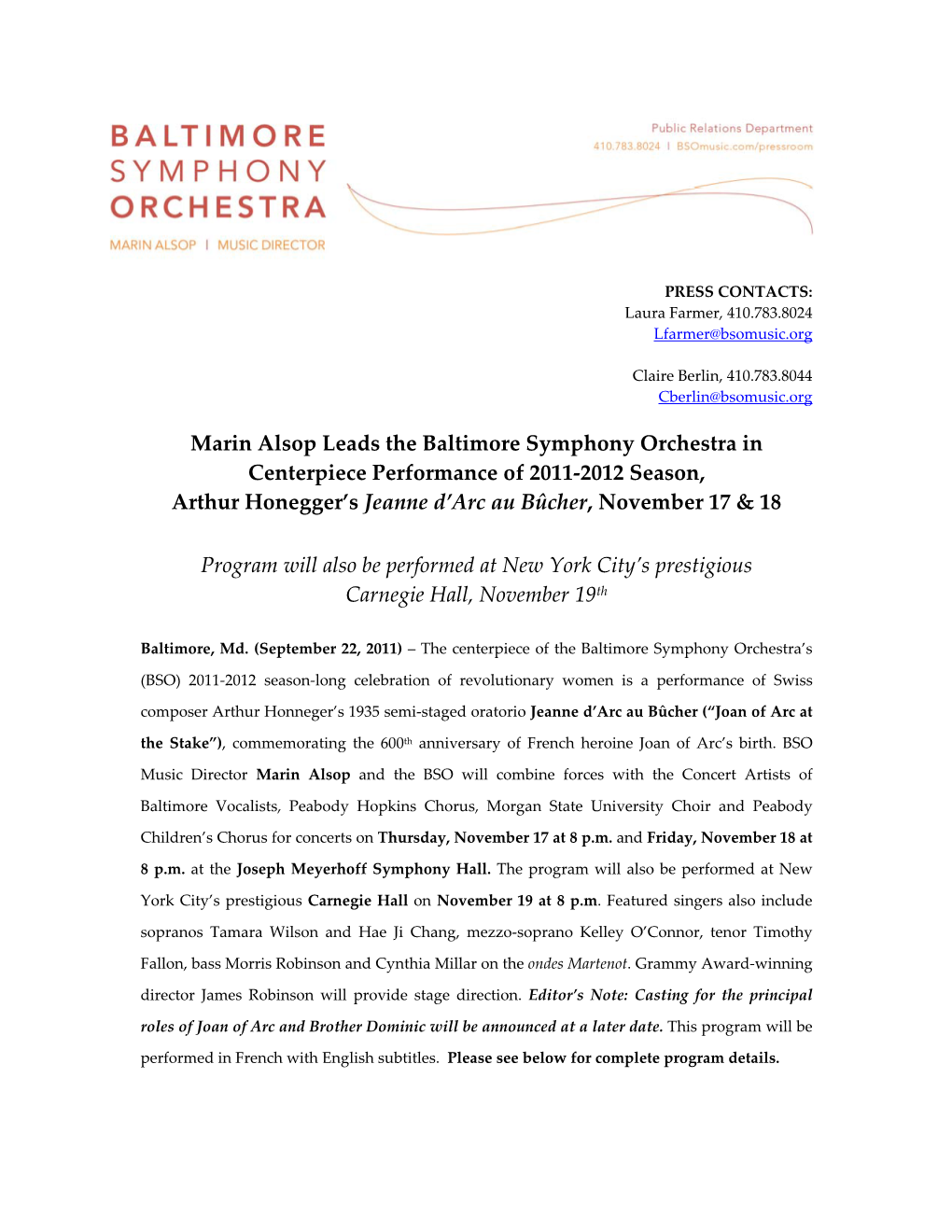 Marin Alsop Leads the Baltimore Symphony Orchestra in Centerpiece Performance of 2011‐2012 Season, Arthur Honegger’S Jeanne D’Arc Au Bûcher, November 17 & 18